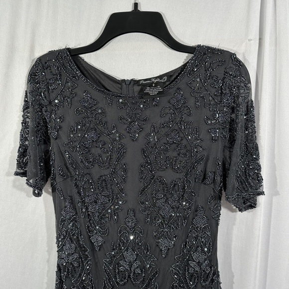 NEW $228 Pisarro Nights [‎ 2 ] Short Sleeve Beaded Midi Dress in Slate - Picture 9 of 14